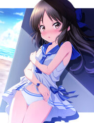  1girl bare_arms bare_shoulders beach black_hair blue_bow blue_sailor_collar blue_sky blush bow breasts brown_eyes clothes_lift cloud cloudy_sky commentary_request day dress dress_lift hair_bow horizon idolmaster idolmaster_cinderella_girls lifted_by_self long_hair looking_at_viewer nose_blush ocean panties parted_bangs parted_lips sailor_collar sailor_dress sand sky sleeveless sleeveless_dress small_breasts solo standing sui._(ayase) tachibana_arisu underwear water white_dress white_panties 
