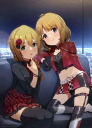  &gt;:) 2girls absurdres baba_konomi belt belt_buckle black_jacket black_legwear black_shirt blush boots braid brown_hair buckle cityscape closed_mouth commentary_request cosplay costume_switch couch crop_top cropped_jacket dress feet_out_of_frame frilled_dress frills gloves green_eyes hair_between_eyes hair_over_shoulder highres idolmaster idolmaster_million_live! idolmaster_million_live!_theater_days indoors jacket knee_boots leather leather_gloves leather_jacket leather_skirt long_hair midriff multiple_girls navel night night_sky on_one_knee plaid plaid_dress red_dress red_jacket red_skirt shirt single_braid sitting skirt sky smile standing standing_on_one_leg suou_momoko suzuki_puramo thighhighs thighhighs_under_boots tintme! white_belt white_footwear zettai_ryouiki  rating:Sensitive score:14 user:danbooru