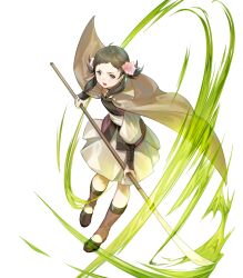  1girl ahoge attack breasts brown_eyes brown_hair cloak fire_emblem fire_emblem_fates fire_emblem_heroes flat_chest flower freckles hair_flower hair_ornament highres holding holding_polearm holding_weapon medium_breasts mozu_(fire_emblem) naginata nintendo non-web_source official_art open_mouth polearm solo v-shaped_eyebrows weapon 
