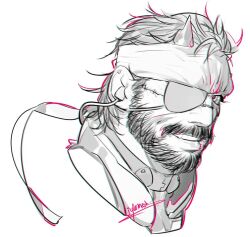 1boy beard cropped_head facial_hair full_beard greyscale headband liyamou looking_at_viewer male_focus mature_male metal_gear_(series) metal_gear_solid_v:_the_phantom_pain monochrome mustache outline pink_outline short_hair smile solo thick_mustache tsurime venom_snake
