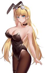  1girl absurdres animal_ears arm_behind_head arm_up armpits azur_lane black_choker black_leotard black_pantyhose blonde_hair blue_eyes breasts choker cleavage collarbone commentary covered_erect_nipples fake_animal_ears highres large_breasts leotard long_hair looking_at_viewer maanu north_carolina_(azur_lane) north_carolina_(the_heart&#039;s_desire)_(azur_lane) official_alternate_costume pantyhose playboy_bunny rabbit_ears simple_background smile solo strapless strapless_leotard white_background  rating:Sensitive score:38 user:danbooru