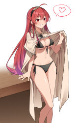  1girl absurdres ahoge bikini bikini_day bikini_under_clothes black_bikini black_headband breasts brown_cape cape cape_lift capelet chubb cleavage commentary_request eris_greyrat female_focus front-tie_bikini_top front-tie_top grin headband heart highres hood hood_down hooded_capelet huge_filesize lifting_own_clothes long_hair looking_at_viewer matching_hair/eyes medium_breasts mushoku_tensei navel parted_lips red_eyes red_hair shiny_skin side-tie_bikini_bottom smile solo speech_bubble spoken_heart standing swimsuit underboob very_long_hair  rating:Sensitive score:184 user:danbooru