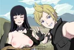  black_hair breasts breasts_out closed_eyes clymenia2 final_fantasy final_fantasy_xv gentiana highres large_breasts medium_breasts nipples v  rating:Questionable score:19 user:Berimezzi