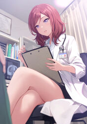  1girl aged_up black_skirt clipboard collared_shirt commentary_request crossed_legs doctor earrings from_below highres id_card indoors jewelry lab_coat love_live! love_live!_school_idol_project medium_hair nishikino_maki on_chair purple_eyes red_hair shamakho shirt skirt solo_focus stethoscope swivel_chair white_shirt  rating:Sensitive score:20 user:danbooru
