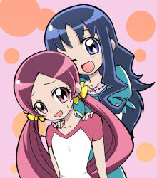  2girls blue_dress blue_eyes blue_hair blue_sleeves blush_stickers collarbone commentary_request cowboy_shot dress eyelashes flower frilled_dress frilled_sleeves frills fujimaru_arikui hair_flower hair_ornament hanasaki_tsubomi hands_on_another&#039;s_shoulders heartcatch_precure! kurumi_erika layered_sleeves long_hair long_sleeves looking_at_viewer low_twintails multiple_girls nervous_smile one_eye_closed open_mouth pink_background pink_eyes pink_hair pink_sleeves polka_dot polka_dot_background precure puffy_short_sleeves puffy_sleeves raised_eyebrows shirt short_over_long_sleeves short_sleeves sidelocks simple_background smile sweatdrop t-shirt twintails upper_body very_long_hair wavy_hair white_shirt white_sleeves yellow_flower 