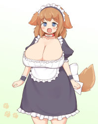  1girl animal_ears blue_eyes blush breasts brown_hair cleavage collar collarbone dog_ears dog_tail female_focus gradient_background hair_ornament highres huge_breasts looking_at_viewer maid maid_headdress omochi_(masamicron) open_mouth plump simple_background skirt solo standing tail 