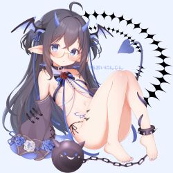 1girl :o absurdres ahoge ankle_cuffs aoininjin artist_name ball_and_chain_restraint bare_shoulders barefoot black_collar black_hair blue_eyes blue_horns blue_wings blush bow bowtie breasts collar commission cowlick demon_girl demon_tail earrings female_focus flower full_body glasses highres horns jewelry leaning_back loli long_hair looking_at_viewer navel original pointy_ears red_flower red_rose rose sideboob sidelocks simple_background skeb_commission small_breasts solo spiked_chain star_(symbol) star_earrings string_tie tail underboob virtual_youtuber watermark wings rating:Questionable score:46 user:danbooru