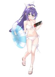  1girl absurdres ahoge alternate_hairstyle aqua_eyes b1ack_illust bandaged_leg bandages bare_shoulders bikini blush breasts cleavage collarbone double-parted_bangs eyelashes flower full_body hair_between_eyes hair_flower hair_ornament hair_ribbon handheld_game_console highres holding holding_handheld_game_console holding_swim_ring idolmaster idolmaster_million_live! idolmaster_million_live!_theater_days innertube large_breasts long_hair looking_at_viewer mochizuki_anna navel nintendo_switch parted_lips ponytail purple_hair ribbon ribbon-trimmed_bikini sandals side-tie_bikini_bottom sidelocks simple_background solo standing standing_on_one_leg swim_ring swimsuit white_background white_bikini white_footwear white_ribbon 