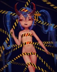  1girl annoyed blue_hair caution_tape covering_privates dark_blue_hair fang fiz-rot flat_chest hazard_stripes highres horns loli long_hair long_twintails nude_cover open_mouth original caution_tape red_eyes stomach teeth twintails  rating:Questionable score:98 user:claire-rouge