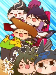  5boys :3 arm_on_another&#039;s_head arm_up beanie belt black-framed_eyewear black_belt black_coat black_eyes black_hair black_hat black_jacket black_pants blue_background blush_stickers brown_hair brown_jacket buttons cheering chibi cigarette closed_mouth clothes_lift coat coat_partially_removed collared_coat collared_jacket collared_shirt commentary_request danganronpa:_trigger_happy_havoc danganronpa_(series) danganronpa_2:_goodbye_despair danganronpa_v3:_killing_harmony earrings facial_hair fake_horns furrowed_brow glasses goatee gokuhara_gonta green_hair green_necktie grey_hair grey_jacket hands_on_own_cheeks hands_on_own_face happy hat high_collar horned_headwear horns hoshi_ryoma jacket jewelry lapels layered_sleeves leather leather_jacket light_blush long_hair long_sleeves male_focus messy_hair midriff momota_kaito mouth_hold multicolored_hair multiple_boys necktie notched_lapels on_motorcycle open_clothes open_coat outline owada_mondo pale_skin pants pompadour purple_coat purple_hair purple_pants purple_scarf riding round_eyewear scar scar_across_eye scarf shirt short_hair sideburns simple_background solid_oval_eyes space_print sparkle speed_lines sphere_earrings spiked_hair starry_sky_print streaked_hair tanaka_gundham thick_eyebrows translation_request two-sided_coat two-sided_fabric two-tone_hair v-shaped_eyebrows very_long_hair white_outline white_shirt wind wind_lift yumaru_(marumarumaru) 