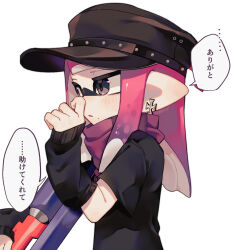  1girl black_hat cross from_side grey_eyes gun hat holding holding_gun holding_weapon inkling_girl inkling_player_character iron_cross long_hair mole mole_under_mouth nintendo parted_lips pointy_ears sahata_saba simple_background solo speech_bubble splatoon_(series) translation_request weapon white_background 