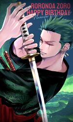  1boy character_name commentary_request dated earrings green_hair happy_birthday highres holding holding_sword holding_weapon japanese_clothes jewelry katana kimono light_smile looking_at_viewer male_focus miri_(xxxmirink) one_piece red_sash roronoa_zoro sash scar scar_across_eye solo sword upper_body weapon 