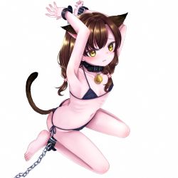  animal_ears armpits arms_up ass barefoot bell bikini black_bikini bound bound_wrists breasts brown_eyes brown_hair butt_crack cat_ears cat_tail chain collar cuffs highres jingle_bell loli long_hair navel original side-tie_bikini_bottom simple_background sitting small_breasts solo swimsuit tail toes white_background xenon_(simlacurm) 
