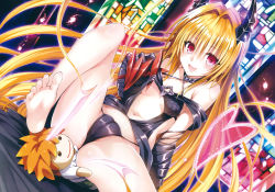 10s 1girl :d absurdres bare_shoulders barefoot blonde_hair breasts cameltoe center_opening character_doll criss-cross_halter feet gauntlets hair_intakes halterneck halterneck heart highres horns konjiki_no_yami leaning_back leg_lift long_hair navel official_art open_mouth prehensile_hair red_eyes scan small_breasts smile soles solo spread_legs stained_glass to_love-ru to_love-ru_darkness toes very_long_hair yabuki_kentarou rating:Questionable score:57 user:spiderfan