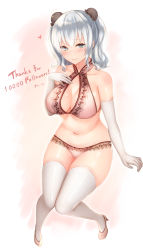 10s 1girl alternate_costume artist_name bare_shoulders blue_eyes breasts cleavage_cutout clothing_cutout double_bun elbow_gloves milestone_celebration from_above gloves hair_between_eyes highres kantai_collection kashima_(kancolle) large_breasts light_smile lingerie looking_at_viewer navel panties pink_panties sakiryo_kanna sideboob signature silver_hair simple_background skindentation solo stomach thank_you thick_thighs thighs twintails twitter_username underwear underwear_only wavy_hair white_legwear wide_hips rating:Sensitive score:11 user:danbooru