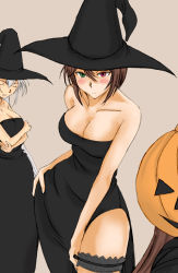  00s 2girls bare_shoulders blush breasts brown_hair cleavage halloween hat jack-o&#039;-lantern large_breasts bridal_garter multiple_girls aged_up pumpkin rozen_maiden short_hair souseiseki white_hair witch_hat  rating:Questionable score:14 user:danbooru