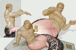  1boy abs bara bathing blonde_hair bouseded buzz_cut foreshortening highres holding holding_sponge jack_krauser lamia_boy large_pectorals lying male_focus mature_male monster_boy monsterification multiple_views muscular muscular_male navel nipples nude on_back pectorals pink_scales profile resident_evil scar scar_on_face scar_on_mouth short_hair shower_(place) sitting sponge stomach thick_eyebrows very_short_hair wet 
