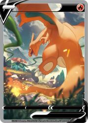 2others animal_focus artist_request card_(medium) charizard claws copyright_name creatures_(company) day dragon dragon_wings fire flying forest full_body game_freak gen_1_pokemon grass horns looking_at_another mountain multiple_others nature nintendo no_humans official_art outdoors plant pokemon pokemon_(creature) pokemon_tcg textless_version venusaur vines wings