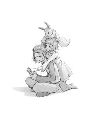 1boy 1girl brother_and_sister commentary creatures_(company) dress eevee full_body game_boy_advance_sp game_freak gen_1_pokemon greyscale hairband handheld_game_console highres holding holding_handheld_game_console indian_style jovi_(pokemon) kazuko_(towa) kneeling long_sleeves looking_back michael_(pokemon) monochrome nintendo no_shoes on_head open_mouth pants pantyhose playing_games pointing pokemon pokemon_(creature) pokemon_on_head pokemon_xd shirt short_hair siblings simple_background sitting smile socks sweatdrop tongue vest white_background