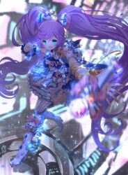  1girl :d ahoge ascot blue_bow blue_eyes blue_skirt blurry blurry_background blurry_foreground boots bow detached_sleeves full_body gold_trim hair_bow hand_up high_heel_boots high_heels highres idol_clothes knee_boots layered_skirt long_hair looking_at_viewer manaka_laala microphone open_mouth outstretched_arm pretty_series pripara puffy_detached_sleeves puffy_sleeves purple_hair ruru_ashihara skirt smile solo sparkle standing striped_clothes striped_thighhighs thighhighs twintails v_over_eye vertical-striped_clothes vertical-striped_thighhighs very_long_hair white_footwear 