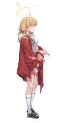  1girl absurdres ahoge black_footwear blonde_hair blue_archive blush coat coat_partially_removed commentary full_body hair_ribbon halo highres kneehighs kustaru loafers logo long_hair looking_ahead pink_skirt pleated_skirt print_shirt red_coat ribbon shirt shirt_tucked_in shoes simple_background skirt socks solo twintails white_background white_shirt white_socks yoshimi_(band)_(blue_archive) yoshimi_(blue_archive) 