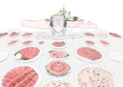  1girl bisected breasts cannibalism closed_eyes death female_pubic_hair food guro highres malcolm_x_(artist) meat nude original plate pubic_hair severed_head small_breasts table tablecloth twintails  rating:Explicit score:18 user:ponekad