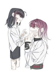  2girls aged_down bandage_on_face bandage_on_leg bandaged_arm bandages black_hair black_shorts child closed_eyes commentary_request flying_sweatdrops gradient_hair hand_on_another&#039;s_face hand_on_another&#039;s_head highres illusion_moon korean_commentary long_hair long_sleeves multicolored_hair multiple_girls parted_lips path_to_nowhere purple_hair rahu_(path_to_nowhere) shalom_(path_to_nowhere) shirt shorts simple_background smile white_background white_hair white_shirt 