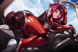 1girl :o ass blush bodysuit breasts cait_aron cameltoe cleft_of_venus code_geass from_behind green_eyes hand_on_own_head headband highres kouzuki_kallen large_breasts looking_at_viewer looking_back parted_lips purple_hair red_bodysuit red_hair red_headband short_hair solo thighs rating:Questionable score:56 user:PuttHutt