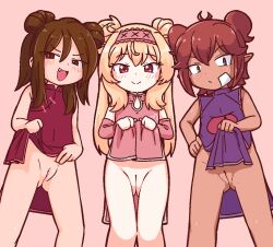  3girls bandaid bandaid_on_cheek bandaid_on_face beebz_(demon_turf) blue_eyes blush bottomless brown_eyes carol_(onirism) china_dress chinese_clothes cleft_of_venus closed_mouth clothes_lift crossover demon_turf double_bun dress dress_lift fang female_focus freckles hair_bun hairband little_witch_nobeta loli looking_at_viewer multiple_crossover multiple_girls nobeta onirism pink_hairband presenting pussy red_eyes shino_(shinokani) simple_background standing  rating:Explicit score:277 user:boredperson