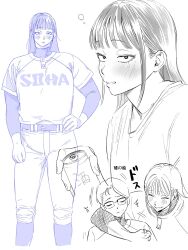  1boy 1girl ^^^ agawa_sensei_(strikeout_pitch) alcohol arm_around_neck arm_at_side baseball_jersey baseball_uniform belt blush can choppy_bangs closed_eyes clothes_writing coach drink_can drunk feet_out_of_frame glasses greyscale hair_behind_ear hand_on_own_hip happy highres holding holding_can jersey kobori_heita layered_sleeves long_hair long_sleeves looking_at_viewer mole mole_under_eye monochrome motion_lines multiple_monochrome multiple_views pants parted_lips print_shirt purple_theme rg55h sanpaku shirt shirt_tucked_in shirt_under_shirt short_hair short_over_long_sleeves short_sleeves sidelocks simple_background socks_over_pants sportswear squeans standing straight-on strikeout_pitch t-shirt tall_female teacher_and_student turtleneck turtleneck_shirt upper_body white_background 