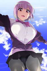  1girl :d blue_sky bow bowtie breasts cardigan cloud cloudy_sky collared_shirt cowboy_shot day grey_pantyhose gridman_universe jacket large_breasts light_purple_hair looking_at_viewer off_shoulder open_mouth outstretched_arms panties panties_under_pantyhose pantyhose partially_unzipped purple_bow purple_bowtie purple_jacket red_eyes shinjou_akane shirt short_hair sky smile solo spread_arms ssss.gridman teoshiguruma underwear white_cardigan 