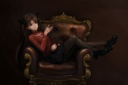  1girl brown_hair command_spell couch expressionless fate/stay_night fate_(series) green_eyes highres makesi pantyhose solo thighhighs tohsaka_rin twintails 