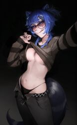  1girl absurdres animal_ears belt blue_eyes blue_hair clothes_lift domino_mask glasses highleg highleg_panties highres indie_virtual_youtuber lifted_by_self limart long_hair looking_at_viewer mask midriff navel no_bra open_fly panties raccoon_ears raccoon_girl raccoon_tail round_eyewear selfie shirt_lift snuffy_(vtuber) solo tail underwear virtual_youtuber  rating:Questionable score:13 user:danbooru