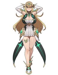 1girl armor arms_behind_head bare_shoulders blonde_hair breasts cleavage commission cowboy_shot donburi_(donburikazoku) dress gloves highres jewelry large_breasts lioght_blush long_hair looking_at_viewer mythra_(xenoblade) neon_trim short_dress sidelocks simple_background smile solo split_mouth standing swept_bangs thigh_gap thigh_strap thighs tiara very_long_hair white_background white_dress xenoblade_chronicles_(series) xenoblade_chronicles_2 yellow_eyes  rating:Sensitive score:21 user:danbooru