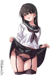 1girl artist_name black_hair black_neckerchief black_panties black_sailor_collar black_skirt black_thighhighs blush breasts brown_eyes clothes_lift cropped_legs ebifurya garter_belt hair_between_eyes hair_ornament hairclip half-closed_eyes hayashio_(kancolle) highres kantai_collection lifting_own_clothes looking_at_viewer mole mole_under_eye naughty_face neckerchief one-hour_drawing_challenge panties panties_over_garter_belt sailor_collar shirt sidelocks simple_background skirt skirt_lift small_breasts solo thigh_gap thighhighs thighs tongue tongue_out twitter_username underwear white_background white_shirt 