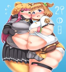  2girls belly blue_background blue_eyes blush breasts brown_hair cowboy_shot fat female_focus fusa_(starless2323) gloves green_eyes hasebe_shikiri hat large_breasts looking_at_viewer medium_breasts multiple_girls obese open_mouth pink_hair shinken!! simple_background skindentation standing thick_thighs thighs toushirou_atsumi twintails wide_hips yellow_legwear  rating:Questionable score:15 user:Onekoko