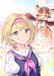  1girl ;d animal apple black_shirt blonde_hair blue_sky blush bow braid brown_eyes cabbie_hat closed_mouth commentary_request day djeeta_(granblue_fantasy) dragon food fruit granblue_fantasy grey_hat hair_bow hat highres holding holding_food looking_at_viewer low_twintails neckerchief one_eye_closed open_mouth outdoors petals pink_bow pink_neckerchief puffy_short_sleeves puffy_sleeves red_apple sailor_collar school_uniform serafuku shirt short_sleeves short_twintails sky smile twin_braids twintails vyrn_(granblue_fantasy) wataame27 white_sailor_collar 