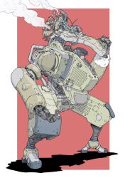  1girl border expressionless helmet highres joints junk mecha mechanical_parts original outside_border piloting pink_background robot robot_joints science_fiction shadow smoke solo standing sukabu white_border wire 
