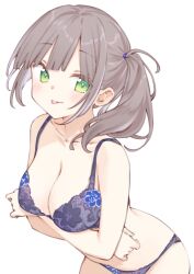  1girl :p arm_under_breasts bare_arms bare_shoulders blush bra breast_hold breasts brown_hair cleavage collarbone cowboy_shot green_eyes hair_ornament highres lace lace-trimmed_bra lace-trimmed_panties lace_bra lace_panties lace_trim large_breasts long_hair looking_at_viewer maigoyaki medium_breasts original panties purple_bra side_ponytail sidelocks simple_background smile solo stomach tongue tongue_out underwear underwear_only white_background 