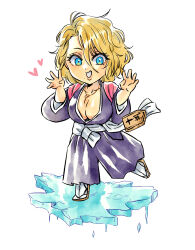  1girl black_kimono bleach blonde_hair blue_eyes breasts chibi cleavage collarbone commentary english_commentary eyebrows_hidden_by_hair eyelashes eyes_visible_through_hair full_body hair_between_eyes hands_up heart highres ice japanese_clothes jewelry kimono large_breasts lips long_sleeves looking_at_viewer matsumoto_rangiku medium_hair mole mole_under_eye necklace open_mouth outstretched_hand sash simple_background smile solo standing standing_on_one_leg tabi w_arms waving wavy_hair white_background white_sash wide_sleeves yshjsw 