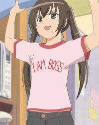  &gt;:d 00s 1girl :d arms_up brown_eyes brown_hair chestnut_mouth highres i_am_boss long_hair magnet microwave minami-ke minami_kana open_mouth pants pink_shirt refrigerator screencap shelf shirt smile solo stitched third-party_edit twintails v-shaped_eyebrows 