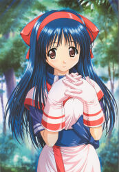  1girl ainu_clothes alternate_costume black_hair blurry bow breasts brown_eyes dated depth_of_field forest gloves hair_bow hairband highres interlocked_fingers long_hair looking_at_viewer magazine_scan multicolored_clothes multicolored_gloves nakoruru nakoruru_ano_hito_kara_no_okurimono nature official_alternate_costume official_art own_hands_together red_bow samurai_spirits scan shirt small_breasts smile solo taki_minashika the_king_of_fighters white_gloves 