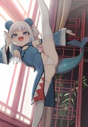  1girl armpits blue_borscht blue_eyes blush dress female_focus fins fish_tail gawr_gura hololive hololive_english loli open_mouth panties short_hair solo solo_focus spread_legs tail thighhighs uncensored underwear virtual_youtuber white_hair white_panties window  rating:Explicit score:64 user:Kroko768476