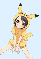 1girl black_hair blush brown_eyes buttons child closed_mouth commentary_request cosplay creatures_(company) eyelashes game_freak gen_1_pokemon grey_background highres hood hood_up idolmaster idolmaster_cinderella_girls idolmaster_cinderella_girls_starlight_stage knees looking_at_viewer nintendo own_hands_together pikachu pikachu_(cosplay) pikachu_ears pikachu_tail poke_kid_(pokemon) poke_kid_(pokemon)_(cosplay) pokemon pokemon_bdsp pokemon_ears pokemon_tail sasaki_chie short_hair short_sleeves signature simple_background sitting smile solo spread_legs tail wgm_oekaki rating:General score:39 user:danbooru