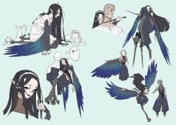  1girl 2boys bird_legs black_hair black_wings blade_to_throat blue_feathers bodystocking carrying carrying_person commentary digitigrade drunk faceless faceless_male feathers gradient_feathers gradient_wings grin hairband harpy highres hip_vent holding holding_knife holding_with_feet knife long_hair mogumo monster_girl multicolored_wings multiple_boys multiple_views original pointy_ears smile sparkle talons torn_bodystocking torn_clothes translation_request very_long_hair white_hairband wings 