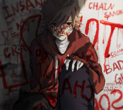  1boy artist_name bandage_on_face bandaged_neck bandages bandaid black_pants body_writing brown_hair bruise commentary dated eddsworld english_commentary english_text flipped_hair graffiti hand_on_own_knee hanzeze highres hood hood_down hoodie injury knee_up long_sleeves looking_to_the_side male_focus medium_hair paint pants parted_lips red_eyes red_hoodie sitting solo tord_(eddsworld) 
