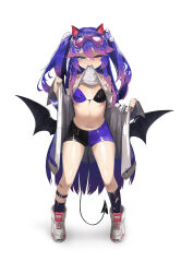  1girl absurdres animal_ears asymmetrical_hair asymmetrical_legwear bandaid bandaid_on_leg bare_shoulders bat_ears bikini black_bikini black_socks black_wings blue_eyes blush braid breasts character_request commission demon_girl demon_tail demon_wings french_braid front-tie_bikini_top front-tie_top full_body goggles goggles_on_head gradient_hair hair_flaps hair_ornament hairclip heterochromia highres holding jacket leg_wrap long_hair looking_at_viewer low_wings mouth_hold multicolored_hair navel open_clothes open_jacket original pom_pom_(clothes) pom_pom_hair_ornament purple_bikini purple_hair purple_shorts red_eyes shirt shoes shorts simple_background small_breasts smile sneakers socks solo standing swimsuit tail thighs torn_clothes torn_socks two-tone_bikini two-tone_shorts two_side_up undressing very_long_hair white_background white_footwear white_shirt wings ycrh8525 zipper 