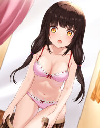  1girl :o asakura_karen_(heaven_burns_red) bare_arms blunt_bangs blurry blurry_background blush bra breasts brown_eyes brown_hair cleavage collarbone commentary_request cowboy_shot curtains curvy dressing dutch_angle heaven_burns_red highres holding holding_clothes holding_skirt indoors lace lace-trimmed_bra lace-trimmed_panties lace_trim leaning_forward long_hair looking_at_viewer low-tied_long_hair lower_teeth_only medium_breasts navel open_mouth panties pink_bra pink_panties sidelocks simple_background skirt solo stomach straight_hair teeth thigh_gap thighs tsurime umeshiba_(eleventhdolls) underwear underwear_only very_long_hair white_background wide-eyed 