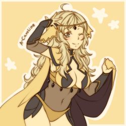  1girl ahoge arms_up blonde_hair breasts cape cape_hold circlet closed_mouth colorfag fire_emblem fire_emblem_fates grey_eyes hip_armor leather leitz_acaroline long_hair looking_at_viewer medium_breasts navel nintendo one_eye_closed ophelia_(fire_emblem) panties parted_bangs sketch solo underwear upper_body yellow_background yellow_panties 