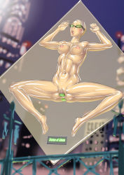  1girl anal anal_object_insertion bdsm breasts censored dildo double_penetration english_text giant giantess glasses large_breasts mosaic_censoring multiple_penetration new_york night nude object_insertion outdoors pointless_censoring public_indecency public_nudity red_eyes restrained sex_toy shinkuu solo spread_legs vacbed vaginal vaginal_object_insertion 